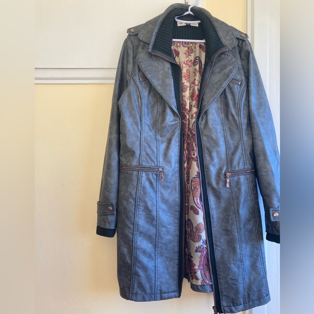Knee Length Faux-Leather Jacket, large